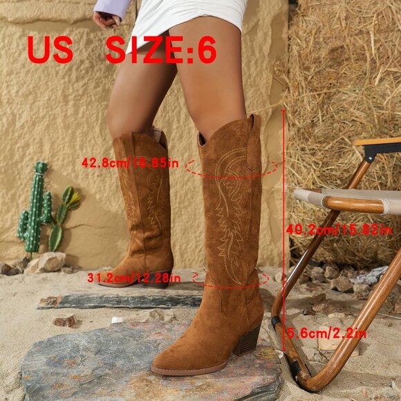 ⚡Women's Brown Embroidered Cowgirl Boots Knee High Pointed Toe Chunky Heel - Picture 4 of 7